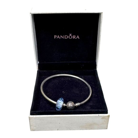 Pandora Sterling Silver Bangle Bracelet Ocean Blue Murano Glass Charm Size 6.5 - Picture 1 of 7